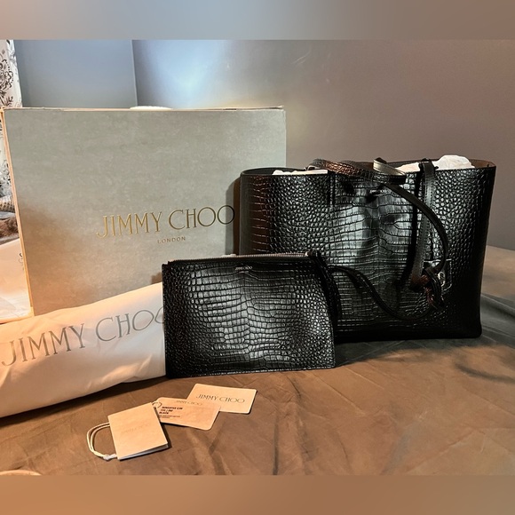 Jimmy Choo Black Croc-Embossed Leather Large Tote with Charm - Picture 3 of 12